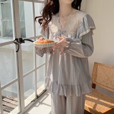 批发实拍实价韩版甜美重工刺绣蕾丝公主风<b class='q'>全棉</b>提花外穿家居服套装睡裙