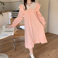 批发实拍实价韩版甜美重工刺绣蕾丝喇叭袖秋季<b class='q'>全棉</b>提花外穿家居服套裙