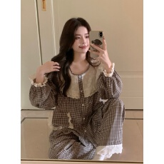 批发实拍实价韩版甜美小清新宽松透气<b class='q'>纯棉</b>格纹公主风秋季外穿家居服