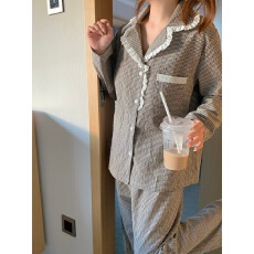 批发实拍实价韩版<b class='q'>全棉</b>格纹甜美小清新宽松透气秋季长袖长裤家居服套装