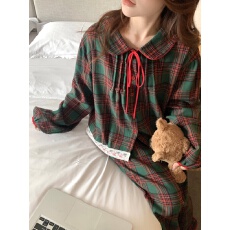 实拍实价韩版甜美娃娃领宽松田园磨毛圣诞格秋冬长袖家居服套装