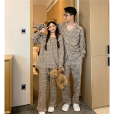 批发实拍实价<b class='q'>韩版</b>甜美宽松棉麻格纹宽松方领<b class='q'>娃娃衫</b>少女长袖长裤家居服