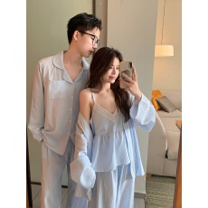 批发实拍实价韩版情侣小清新宽松透气纯棉条纹吊带睡袍家居服<b class='q'>三件套</b>