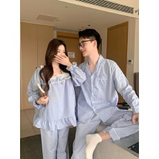 批发实拍实价<b class='q'>韩版</b>情侣甜美<b class='q'>小清新</b>宽松透气纯棉格纹方领公主风秋家居服