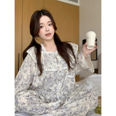 批发实拍实价<b class='q'>韩版</b>甜美小清新国风纯棉水墨花四季外穿长袖家居服套<b class='q'>装</b>