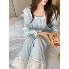 批发实拍实价韩版甜美蕾丝公主风<b class='q'>全棉</b>提花宽松舒适长袖外穿家居服套装