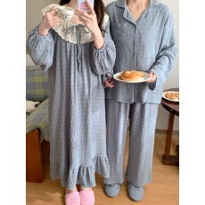 实拍实价韩版情侣甜美公主风宽松软棉双纱慵懒长袖家居服套连衣裙