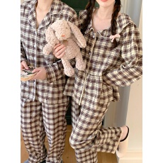 实拍实价韩版情侣甜美小清新宽松透气磨毛格纹秋冬休闲家居服套