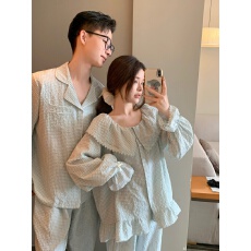 批发实拍实价韩版情侣甜美宽松透气<b class='q'>棉</b>麻格纹慵懒刺绣家居服套装连衣裙