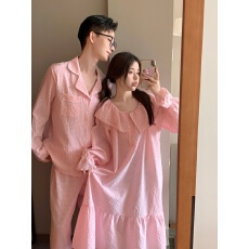 批发实拍实价韩版情侣甜美宽松透气<b class='q'>棉麻</b>纹慵懒风长袖家居服套装连衣裙