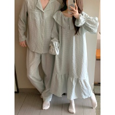 批发实拍实价韩版<b class='q'>情侣</b><b class='q'>甜美</b>小清新宽松透气棉麻格休闲<b class='q'>家居服</b>连衣裙套装