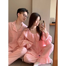 批发实拍实价韩版<b class='q'>情侣</b><b class='q'>甜美</b>慵懒宽松透气棉麻格纹长袖<b class='q'>家居服</b>连衣裙套装