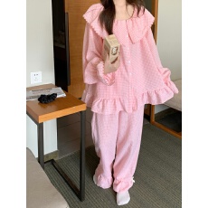 批发实拍实价韩版宽松棉麻格纹慵懒感长袖外穿大翻领家居服<b class='q'>套装</b>连衣裙