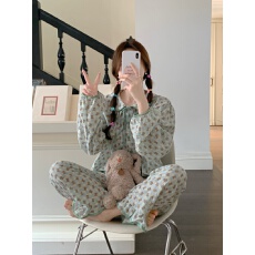 批发实拍实价韩版甜美公主风娃娃领宽松外穿卡通<b class='q'>棉麻</b>四季长袖家居服套