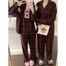 批发实拍实价韩版<b class='q'>情侣</b><b class='q'>甜美</b>小清新宽松透气棉麻圣诞格休闲外穿<b class='q'>家居服</b>套