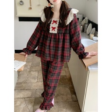 批发实拍实价韩版甜美公主风大翻领<b class='q'>棉麻</b>圣诞红外穿休闲家居服套装