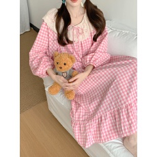 批发实拍实价韩版甜美公主风<b class='q'>全棉</b>格纹慵懒风长袖四季宽松家居服睡裙