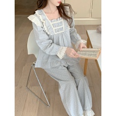 批发实拍实价<b class='q'>韩版</b>甜美韩系小温柔方领花边春秋四季外穿长袖家居服套装