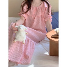 批发实拍实价韩版甜美小清新宽松透气棉麻格纹短袖夏季家居服睡裙套装