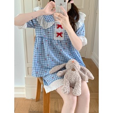 批发实拍实价韩版<b class='q'>情侣</b><b class='q'>甜美</b>小清新宽松透气棉格纹短袖短裤家居服裙套