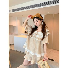 批发实拍实价韩版甜美公主风方领软棉双纱宽松舒适短袖家居服套装睡裙