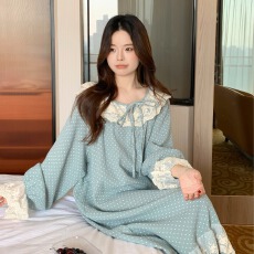 实拍实价韩版女款甜美可爱风舒适宽松纯棉长袖长裤睡裙春季家居服