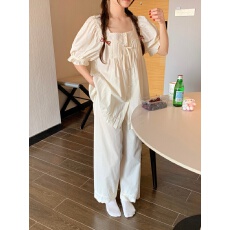 实拍实价韩版甜美公主风方领全棉宽松舒适春季短袖家居服套装