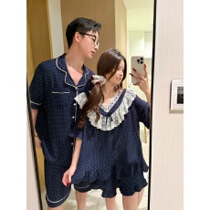批发实拍实价韩版情侣甜美蕾丝波点宽松软绵双纱短袖家居服套装连衣裙