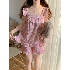 批发实拍实价<b class='q'>韩版</b>夏季甜美公主风棉麻格小清新蕾丝吊带外穿家居服套装