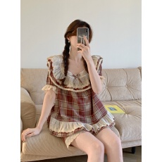 实拍实价韩版甜美公主风方领全棉宽松舒适夏季短袖家居服套装睡裙