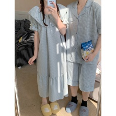 批发实拍实价韩版情侣小清新宽松透气<b class='q'>棉麻</b>格纹短袖家居服套装连衣裙