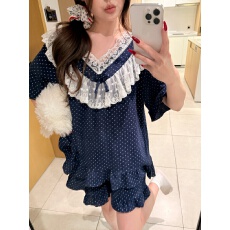 批发实拍实价韩版夏季<b class='q'>甜美</b>公主风重工蕾丝软棉双纱宽松家居套装连衣裙