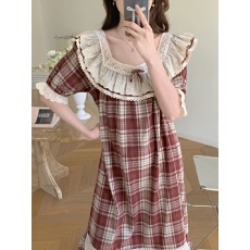 批发实拍实价韩版甜美公主风方领全棉休闲格<b class='q'>蕾丝</b>外穿家居服套装连衣裙