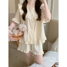 批发实拍实价韩版甜美公主风全棉蕾丝宽松舒适短袖夏季家居服套装