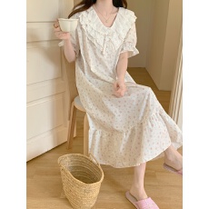 批发实拍实价韩版甜美小清新宽松透气<b class='q'>纯棉</b>碎花蕾丝夏家居服套装连衣裙