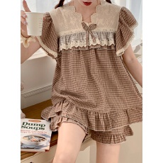 实拍实价韩版甜美重工蕾丝刺绣公主风宽松情侣家居服套装连衣裙