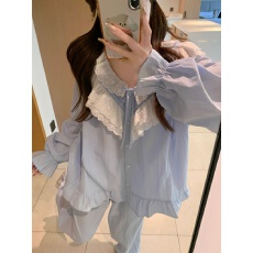 批发实拍实价韩版甜美公主风<b class='q'>全棉</b>蕾丝V领秋季长袖长裤外穿家居服