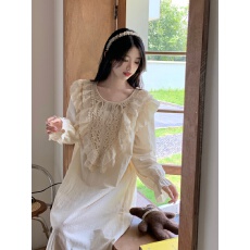 批发实拍实价韩版甜美蕾丝全棉休闲秋季长袖宽松舒适外穿家居服连衣裙
