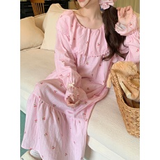 批发实拍实价韩版甜美条纹ins大翻领<b class='q'>棉麻</b>宽松秋季长袖家居服套装睡裙