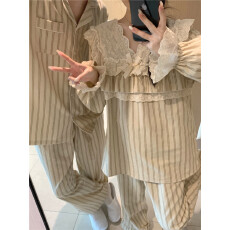 批发实拍实价韩版情侣甜美蕾丝全棉磨毛条纹宽松长袖秋冬季家居服套装