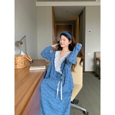 批发实拍实价韩版甜美蕾丝软棉双纱长袖浴袍款细带春秋长袖家居服睡裙