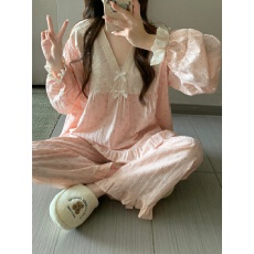 实拍实价韩版甜美公主风V领重工蕾丝全棉宽松长袖家居服套装睡裙