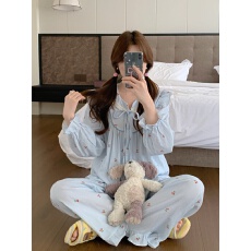 实拍实价韩版甜美公主风娃娃领ins可爱樱桃长袖外穿家居服套装