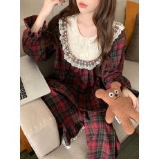 批发实拍实价<b class='q'>韩版</b>甜美公主风撞色刺绣花边秋冬圣诞格外穿家居服套<b class='q'>装</b>