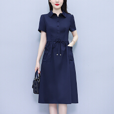 批发短袖收腰显瘦<b class='q'>连衣裙</b>女2026夏季新款中长款遮肚过膝<b class='q'>纯色</b>透气裙子
