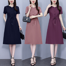 批发广州十三行薄款短袖<b class='q'>连衣裙</b>女2026年夏季新款妈妈<b class='q'>纯色</b>收腰显瘦裙子