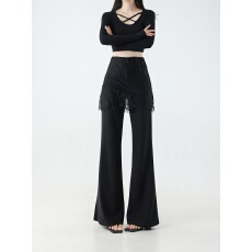 批发黑色<b class='q'>蕾丝</b>拼接微喇<b class='q'>西装</b>裤女2026年春季新款高腰裙裤假两件喇叭裤