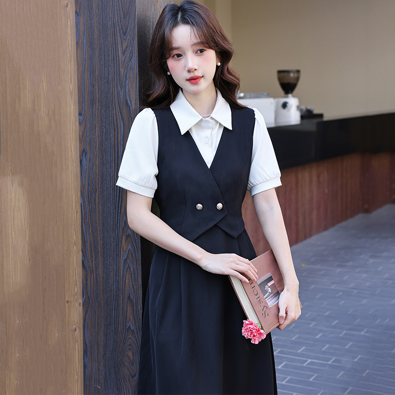 페이크 레이어드 학원 스타일 홀에서 청 가스 드레스 2026 새로운 여성 여름 교 자본금 면접 정식 경우 롱 스커트