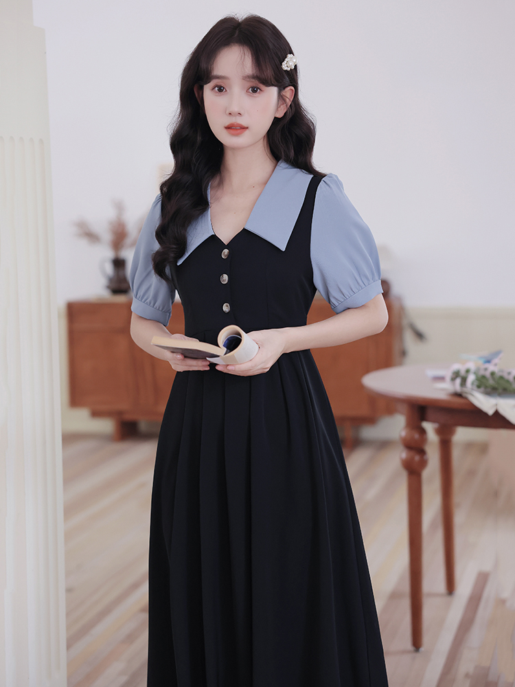 교 자본금 면접 정식 경우 여성 드레스 여름 2026 새로운 프랑스식 품격 페이크 레이어드 베이비 칼라 치마