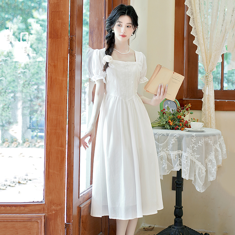 RY3645# 艺术感森系初恋裙复古温柔在逃公主裙茶歇法式宫廷风白色连衣裙夏